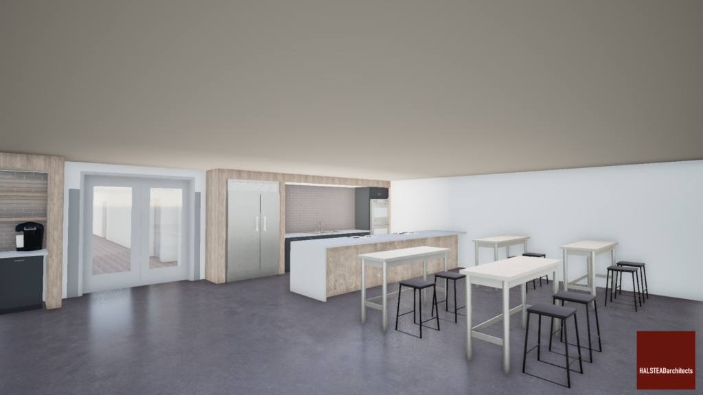 A rendering of the kitchen and cooking classroom space in the Nonprofit Center