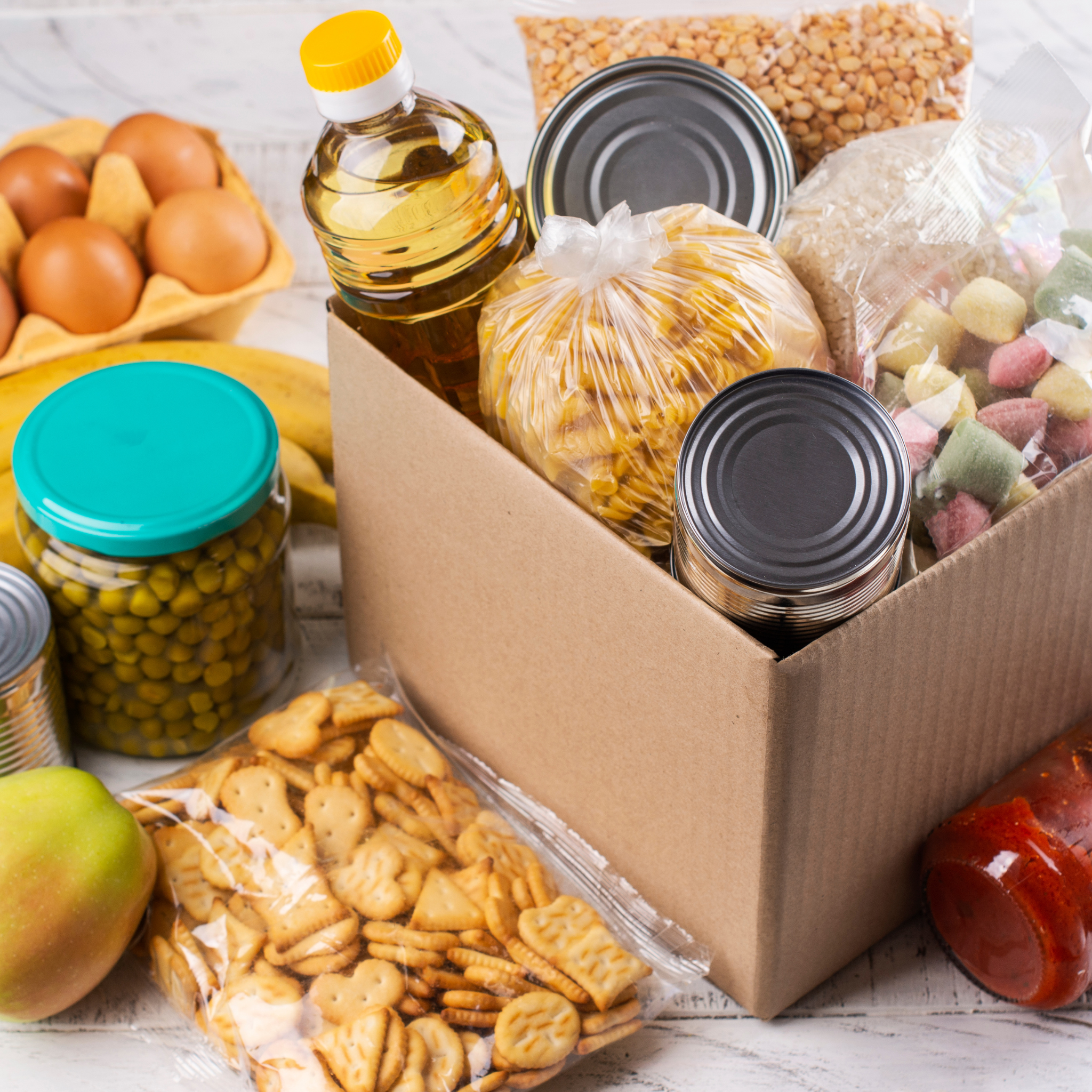 A box of food pantry donations